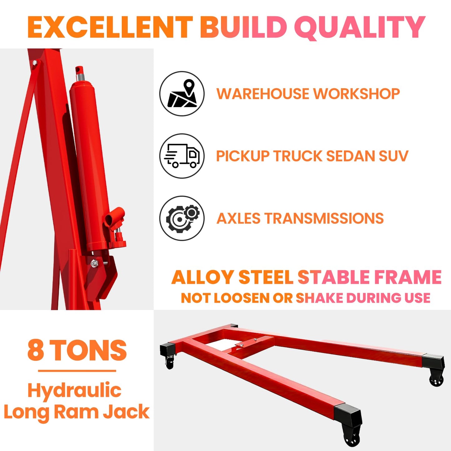 BLUEIAN 5000 LBS Engine Hoist, Heavy Duty Alloy Steel Hydraulic Cherry Picker Engine Hoist with 8 Ton Hydraulic Ram Jack 4 Steel Casters, Ease of Assembly Engine Lift for Workshop Warehouse Garage