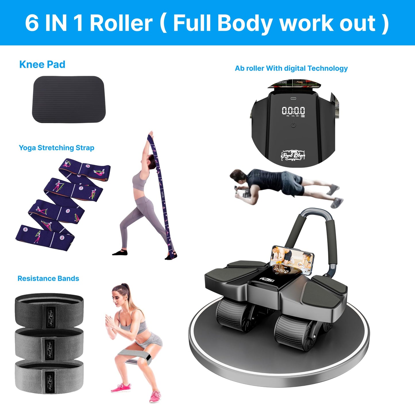 Ab Roller Home Gym Equipment – 4 Wheels Ab Wheel Muscle Roller, Yoga Stretching Strap, 3 Resistance Bands – Comfortable Elbow Support with Non-Slip Handles