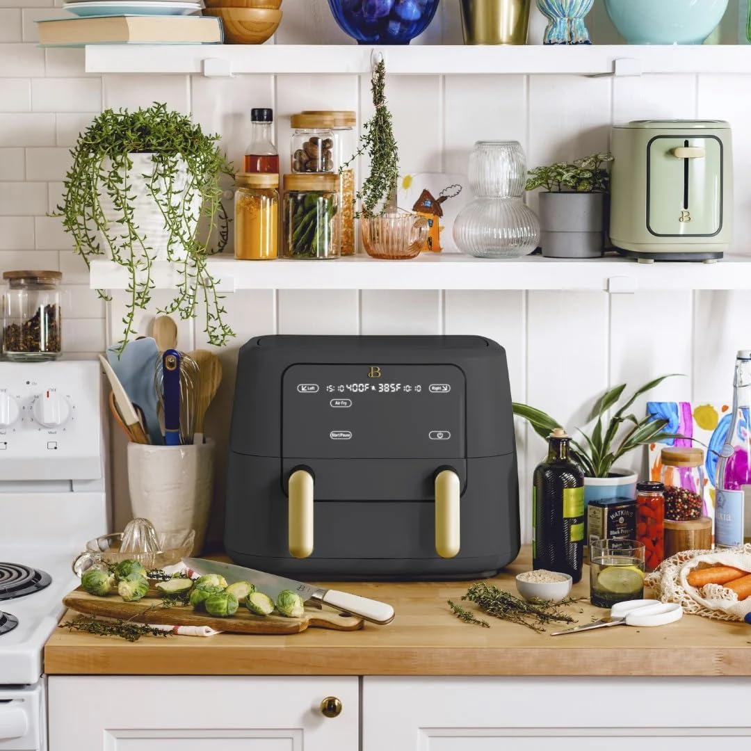 Trizone 9-Quart Dual Zone Air Fryer Exclusive with Divider & Crisper Trays, Digital Touchscreen for 2-in-1 Cooking By Drew Barrymoree (Grey)