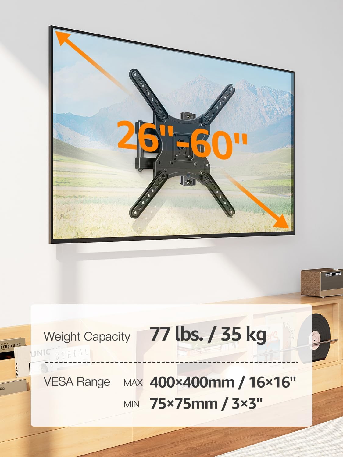 Mountory 26-60 Inch 400x400, 77 lbs. Full Motion TV Wall Mount for Most TVs, Articulating Arms Swivel and Tilt tv