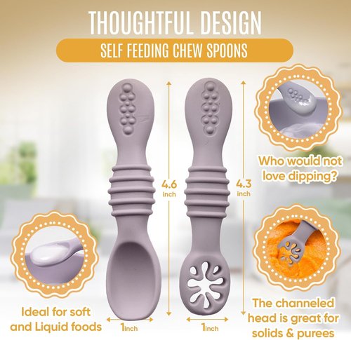 HippoBaby Silicone Baby Spoons Set - Self-Feeding Utensils for 6-12 Months - BPA Free, Dishwasher Safe | Light Pink & Army Green