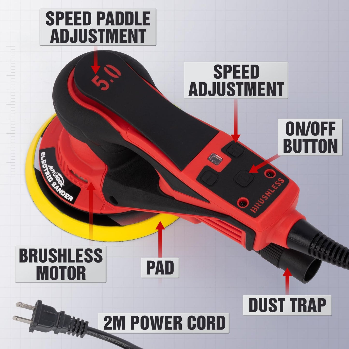 Autolock Electric Random Orbital Sander, 350W Brushless Motor with 5 & 6 Inch Pads, 10000RPM Palm Sander for Woodworking, Sanding and Polishing (1pcs)