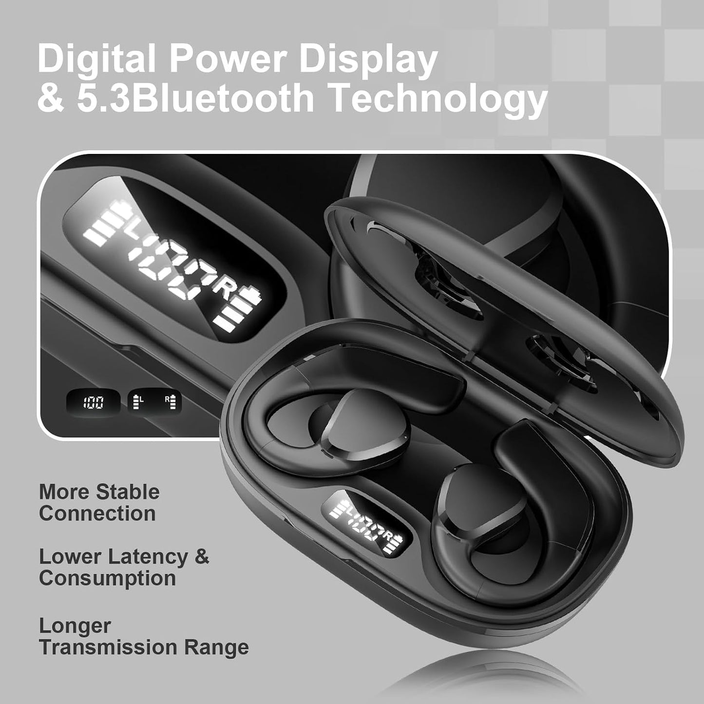 5.3 60H IP66, TTQ Open Ear Headphones, Bluetooth Open Ear True Wireless Earbuds, Sports Earbuds with Earhooks