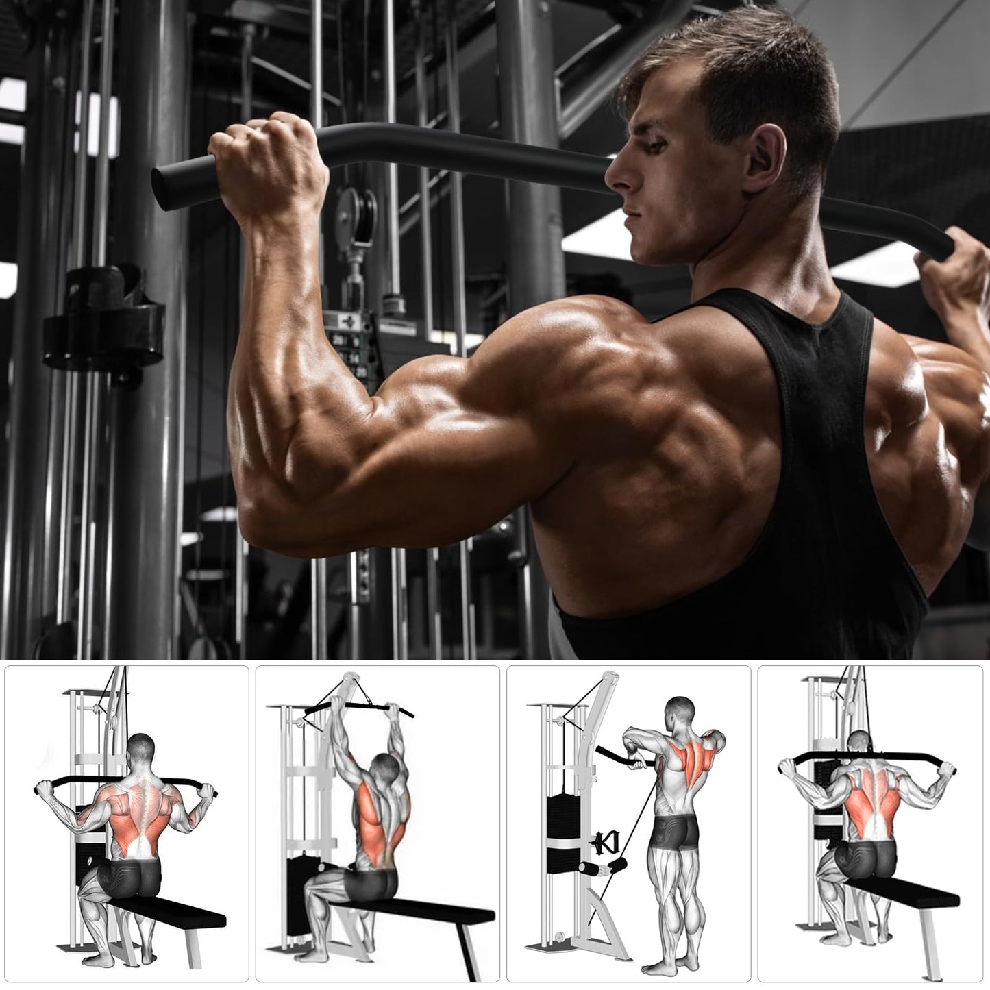 LAT Pull Down Bar, Detachable LAT Pulldown Attachment with Swivel Joint Wide Grip LAT Pulldown Bar for Cable Machine Home Gym Accessories, Muscle Training (48 Inch)