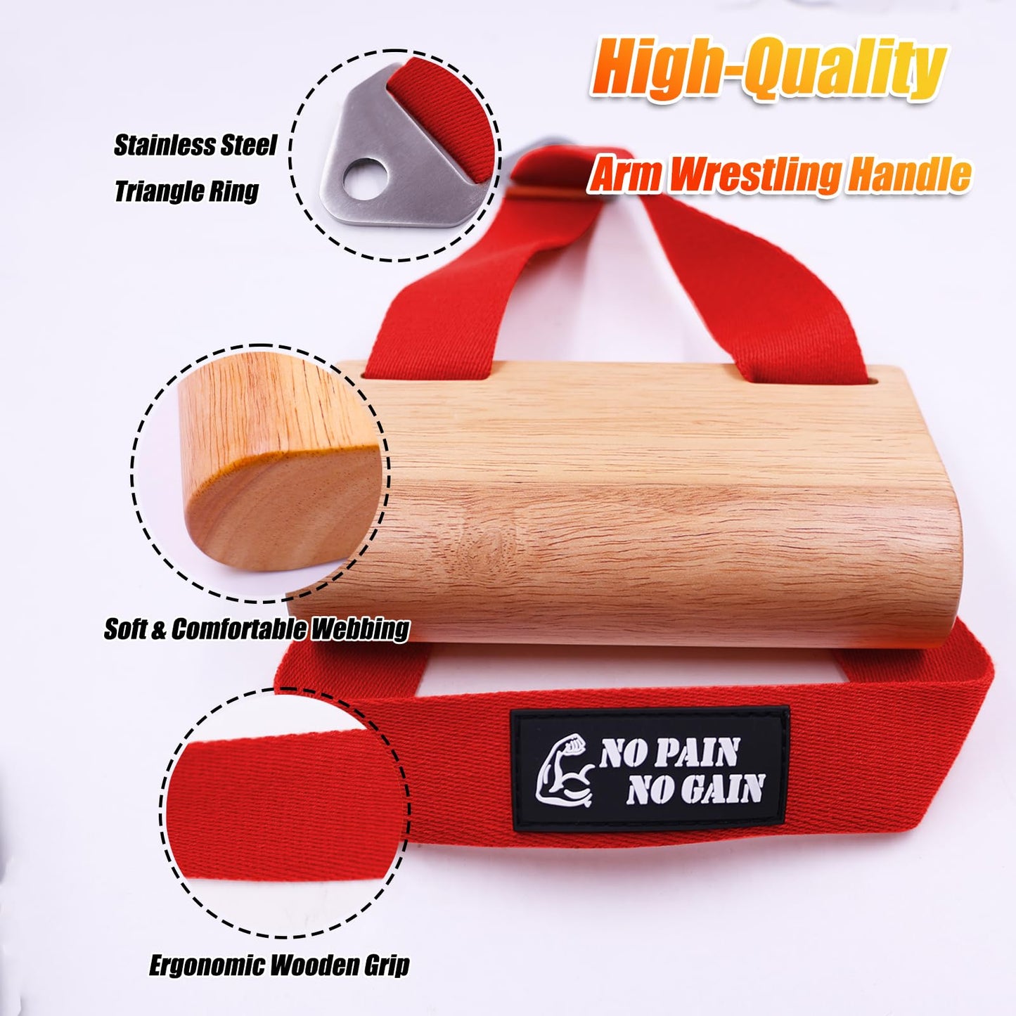 Ergonomic Arm Wrestling Handle with Wooden Grip, Wrist & Forearm Strength Training Attachment for Cable Machines (Red)