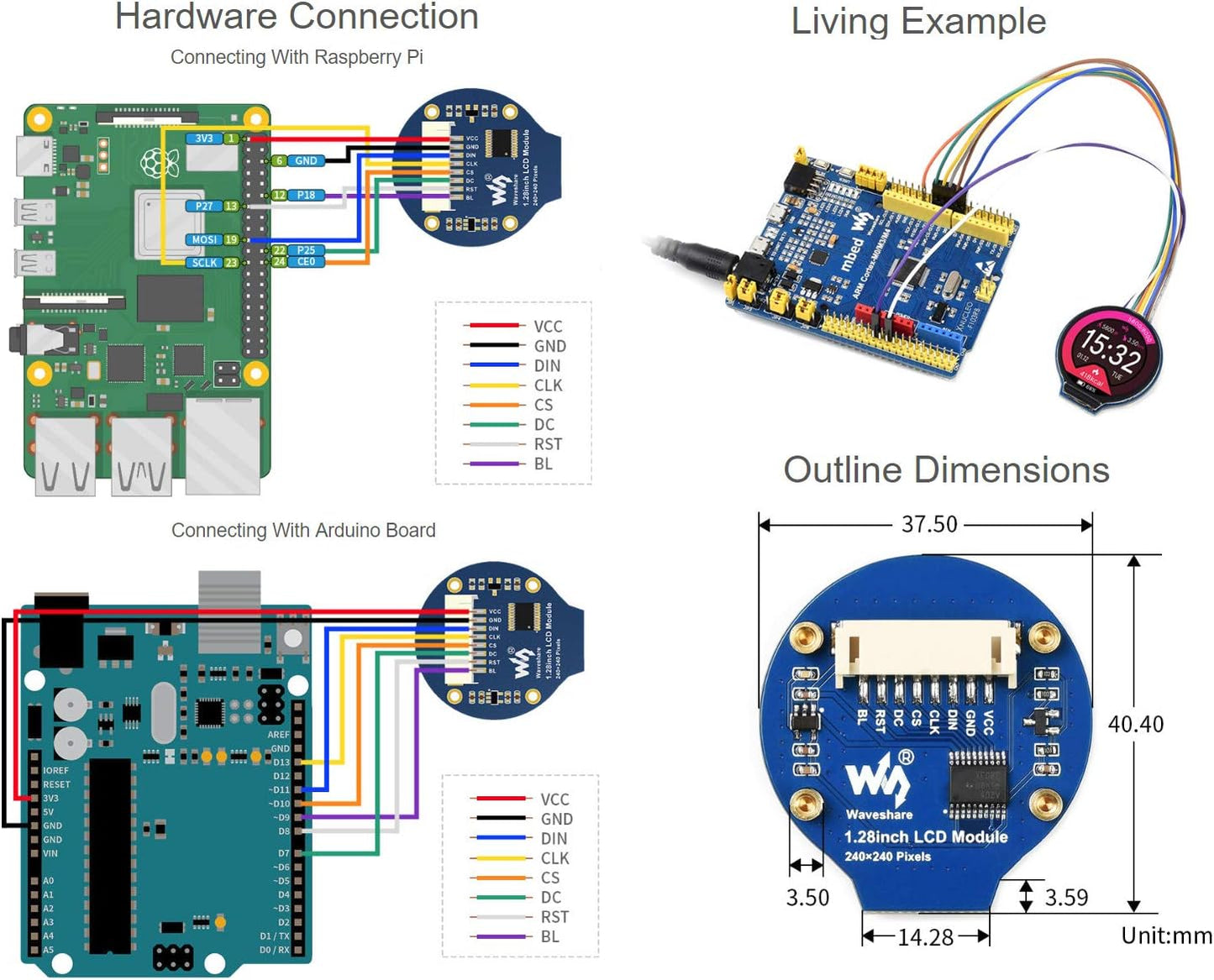 waveshare 1.28inch 240240 65K 4B/3B+/3B/2B/Zero/Zero STM32,Embedded GC9A01 Round LCD Display Module Resolution RGB LCD