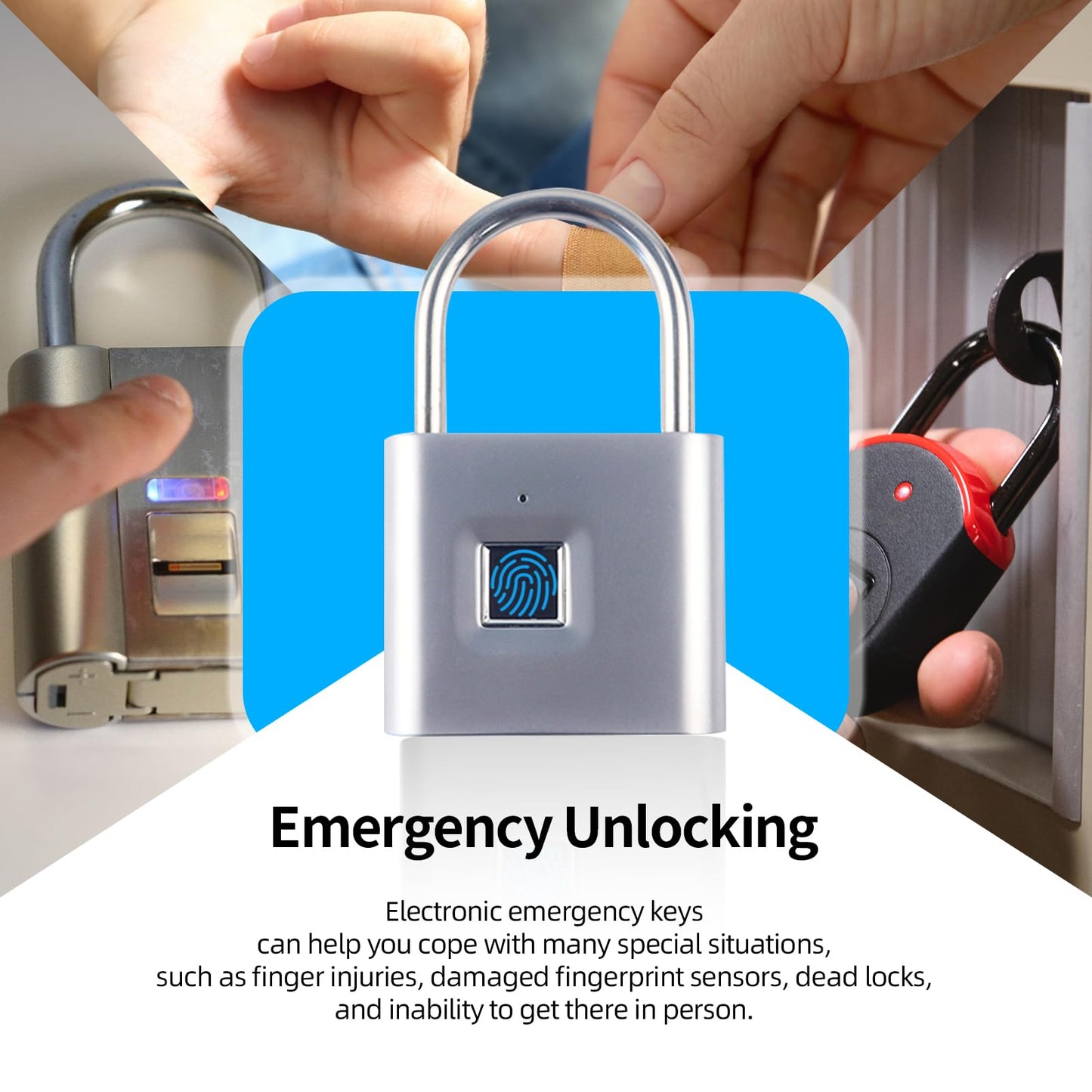 KENRONE Fingerprint Padlock with Emergency Key, IP66 Waterproof and Rustproof, Outdoor Indoor Universal Smart Lock for Warehouses, Gym, Schools, Homes, Office Cabinets(Sliver-Plus)