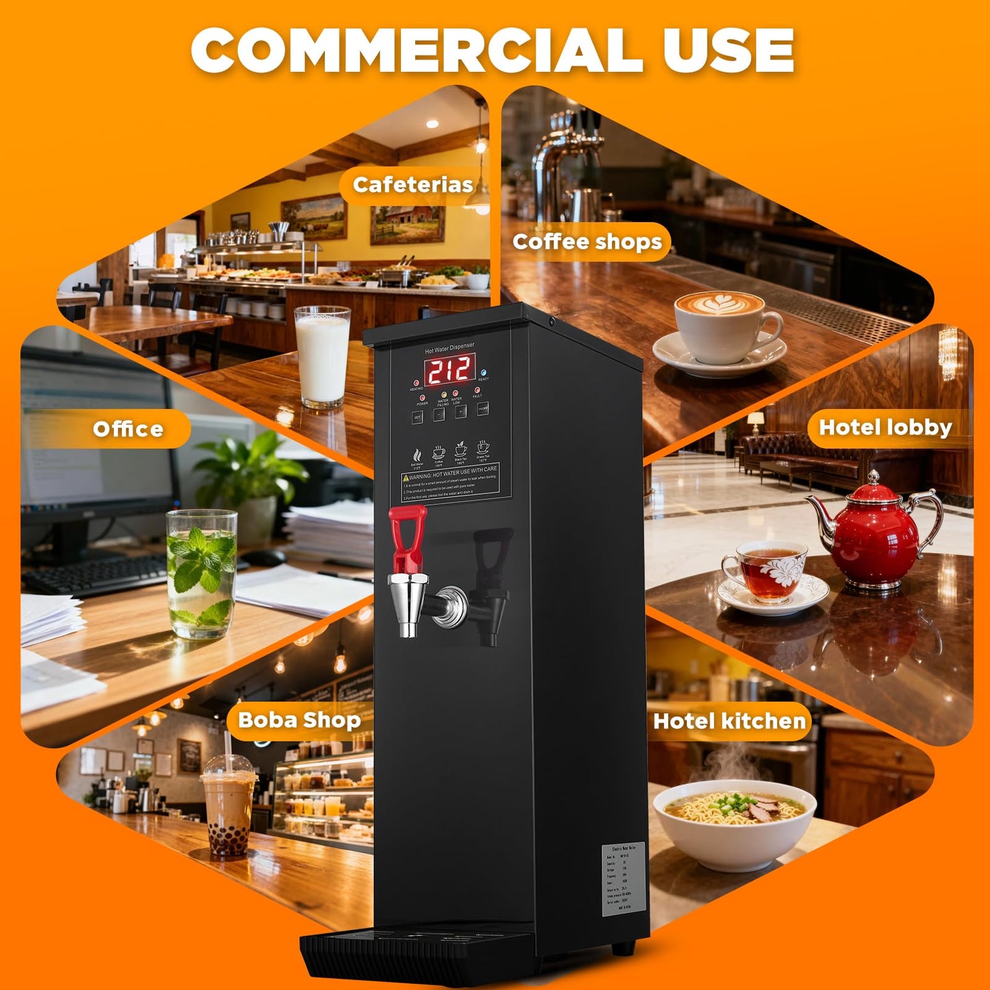 Commercial Hot Water Dispenser 30L/Hour Hot Water Boiler Countertop Auto-filling Water Hot Water Machine Step-heating 104-212°F Adjustable for Boba Tea Office Restaurant Hotel Black 1500W