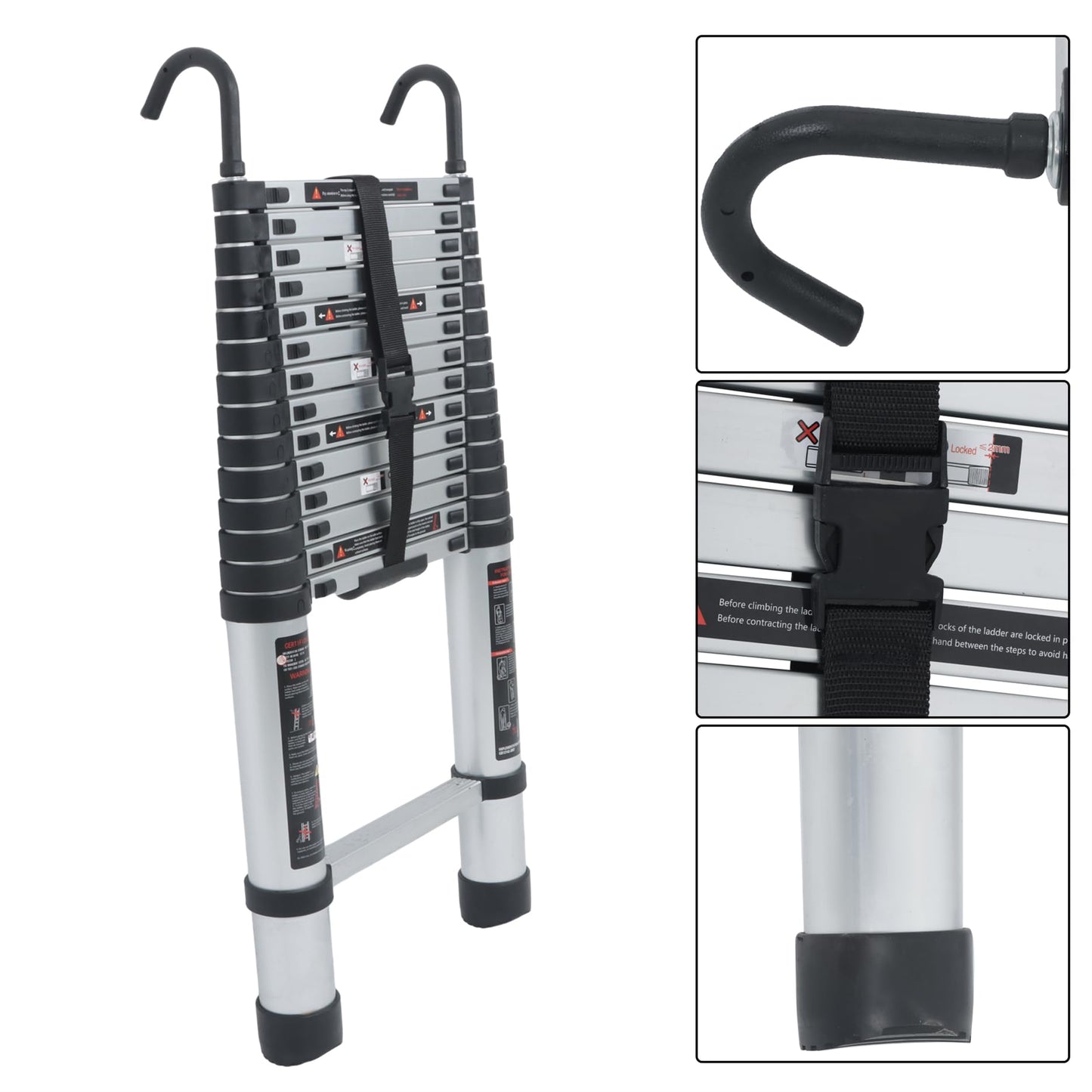 LiGuVCY Telescoping Extension Ladder 14.5 FT, Folding Telescopic Aluminum Ladders with Hooks, Lightweight Collapsible Ladder Step for RV Roof Attic Home, 330 LB Capacity