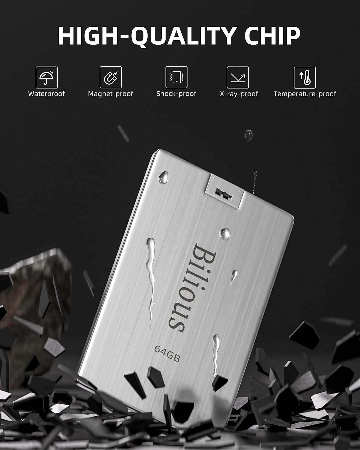 Bilious 2PCS 64GB 2.0 USB Flash Drive, Metal Credit Card Bank Card Style Thumb Drive Portable Key-Hole Design USB
