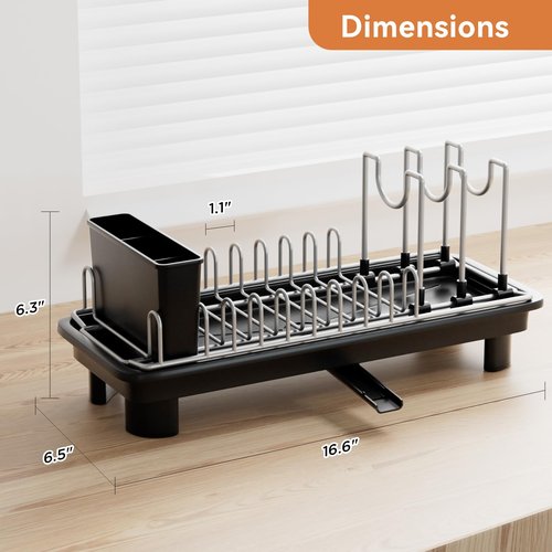 Laveshop Small Dish Drying Rack, Compact Dish Drainer for Kitchen Counter, with Adjustable Back Slots, Space-Saving for Small Kitchens, Black
