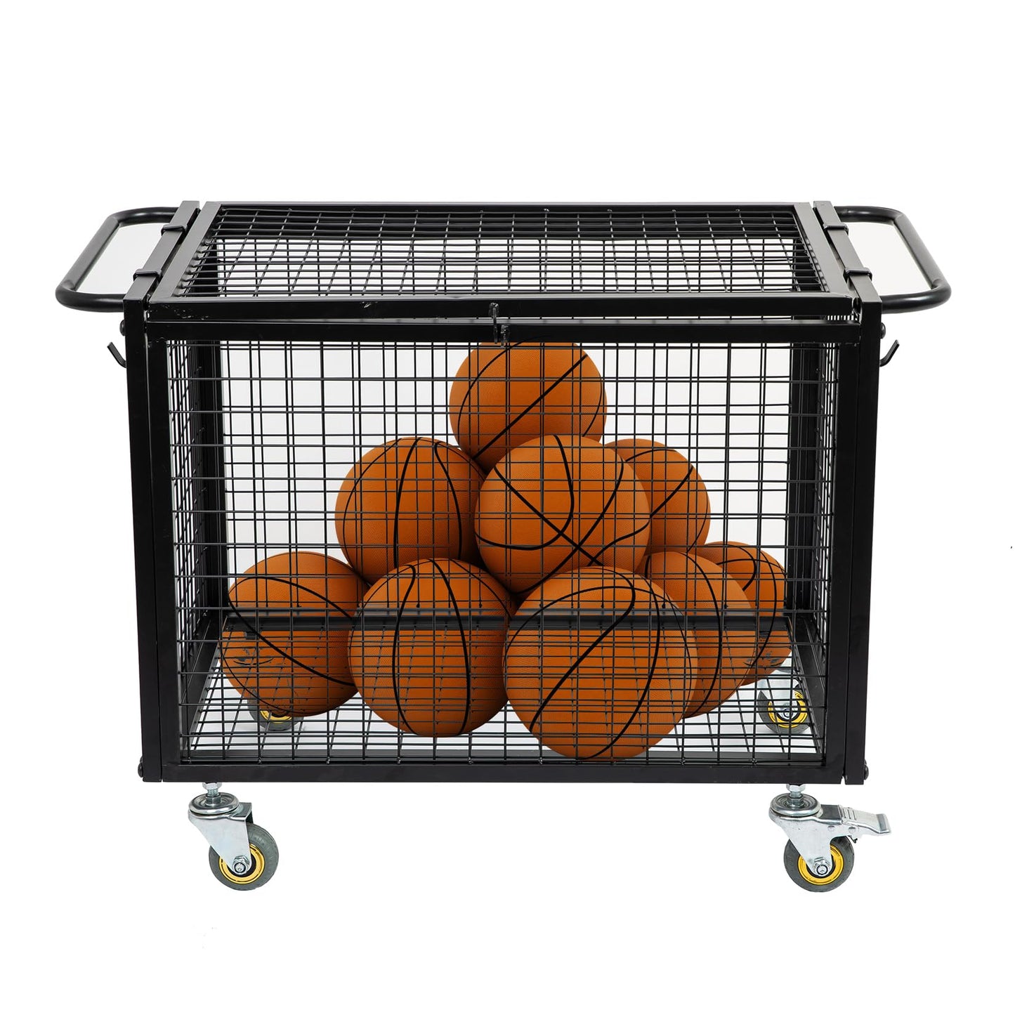 ExoLiry Metal Basketball Rolling Cart Sports Equipment Storage Wheel Basket Matte Black Athletic Lockable Cage with Raised Handle Gym Home Garage School Court Field Football Soccer Ball Volleyball Bat