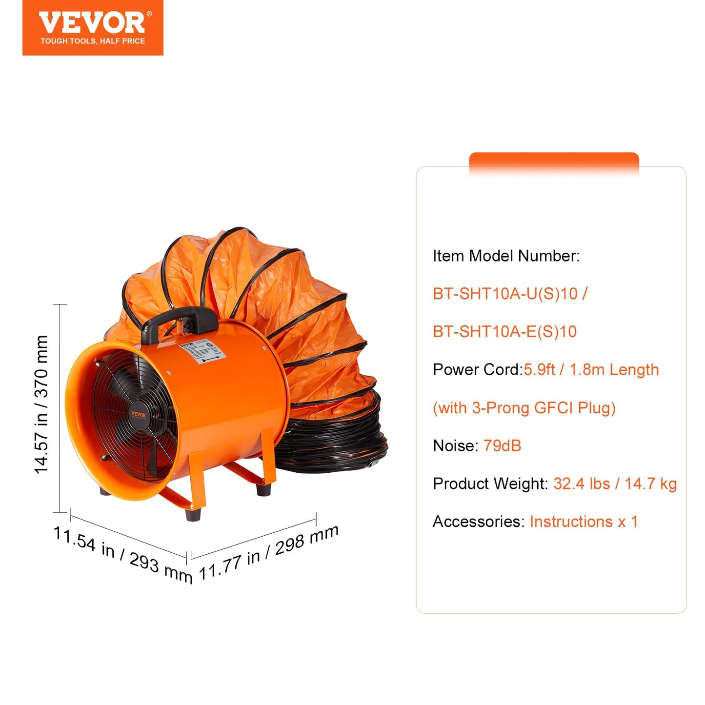 VEVOR Air Mover Blower Fan 10 Inch, 1893CFM 380W with 33ft Flexible Duct, Industrial Portable Ventilator Blower/Exhaust