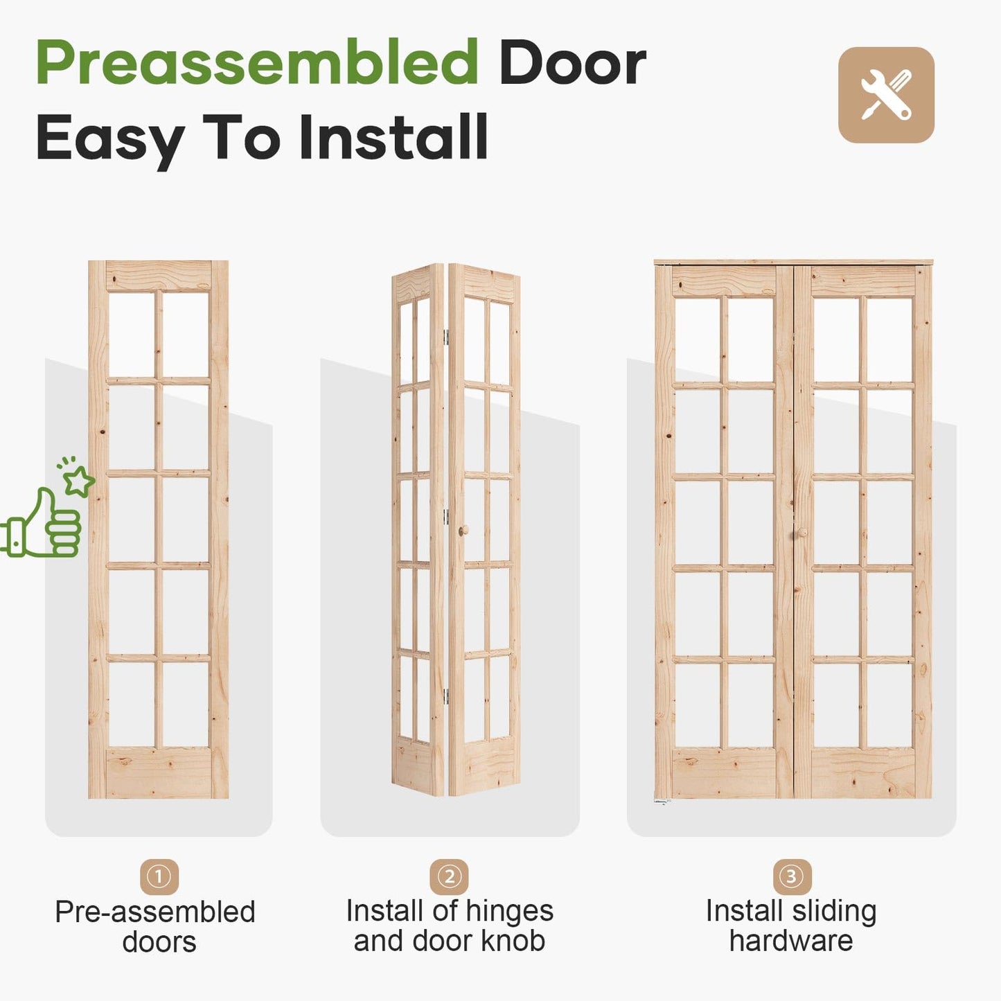 EaseLife Bifold Closet Door,for 36in x 80in (Double 18x80) Opening,French Glass Barn Doors with 3FT Concealed Bi-Fold Sliding Hardware Kit Included,Preassembled Door,Easy Install,DIY staining