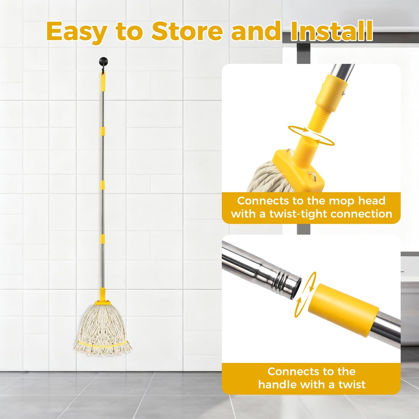 Indoor Mop with Strings for Floor Cleaning, Cotton Mops with 59” Long Handle Household String Mop for Hardwood Wood Tile Floors Cleaning,1 Mop Handle & 1 Cotton Mop Head