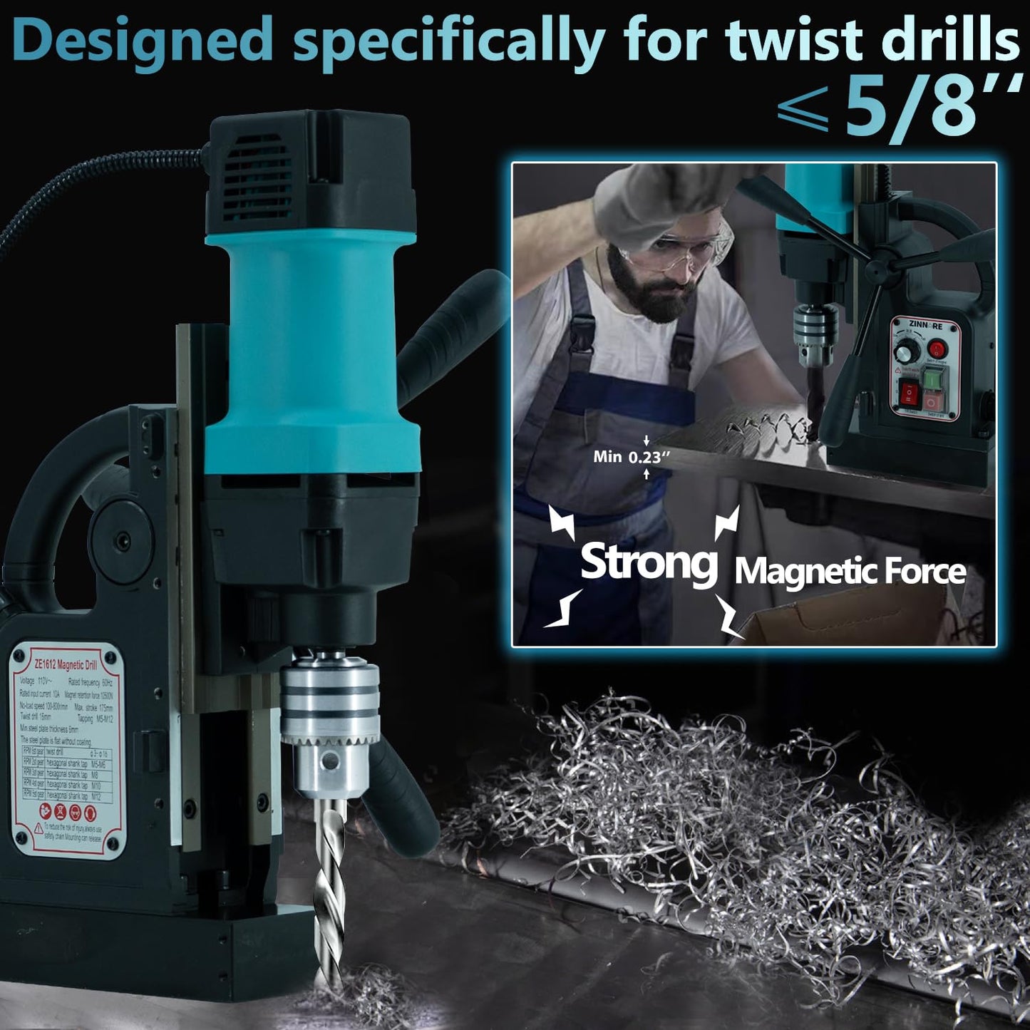 Zinnore Mag Drill Press, 1150W Magnetic Drill Press, 2360lbf /10500N Mag Force, Portable Electric magnet press machine for Metal Surface