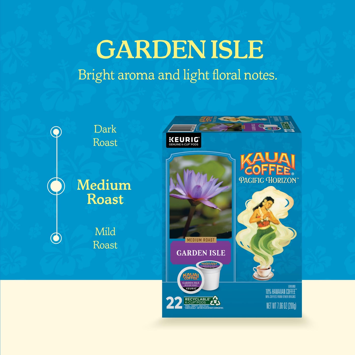 Kauai Coffee K-Cup Pods for Keurig Brewers – Arabica Coffee, 10% Hawaiian – Medium Roast, Bright Aroma With Light Floral Notes – Garden Isle, 1 Pack of 22 Single Serve K-Cups