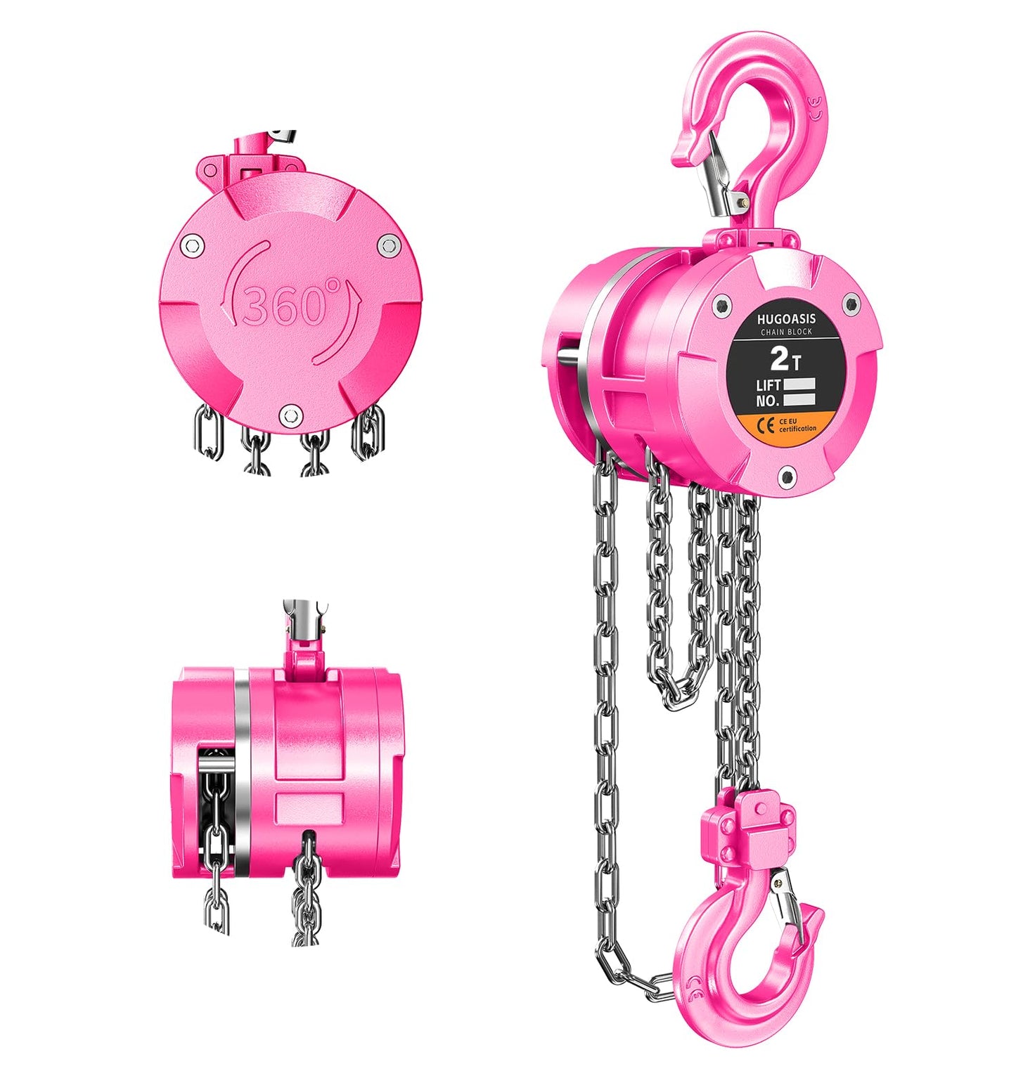 HUGOASIS Aluminum Alloy Hand Chain Hoist 2 Ton 4400lbs Capacity 10ft,Portable Dual Brake Chain Block with Galvanized Chain, 360° Swivel Hook for Garage Warehouse Construction, Workshop Lifting,Pink