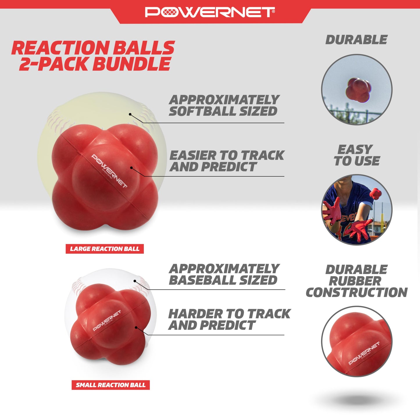 PowerNet Reaction Balls, Reflex & Agility Trainer, Hand-Eye Coordination Training, Reaction Speed Training Equipment, Baseball Softball Soccer and Boxing Reflex Ball (2-PK)