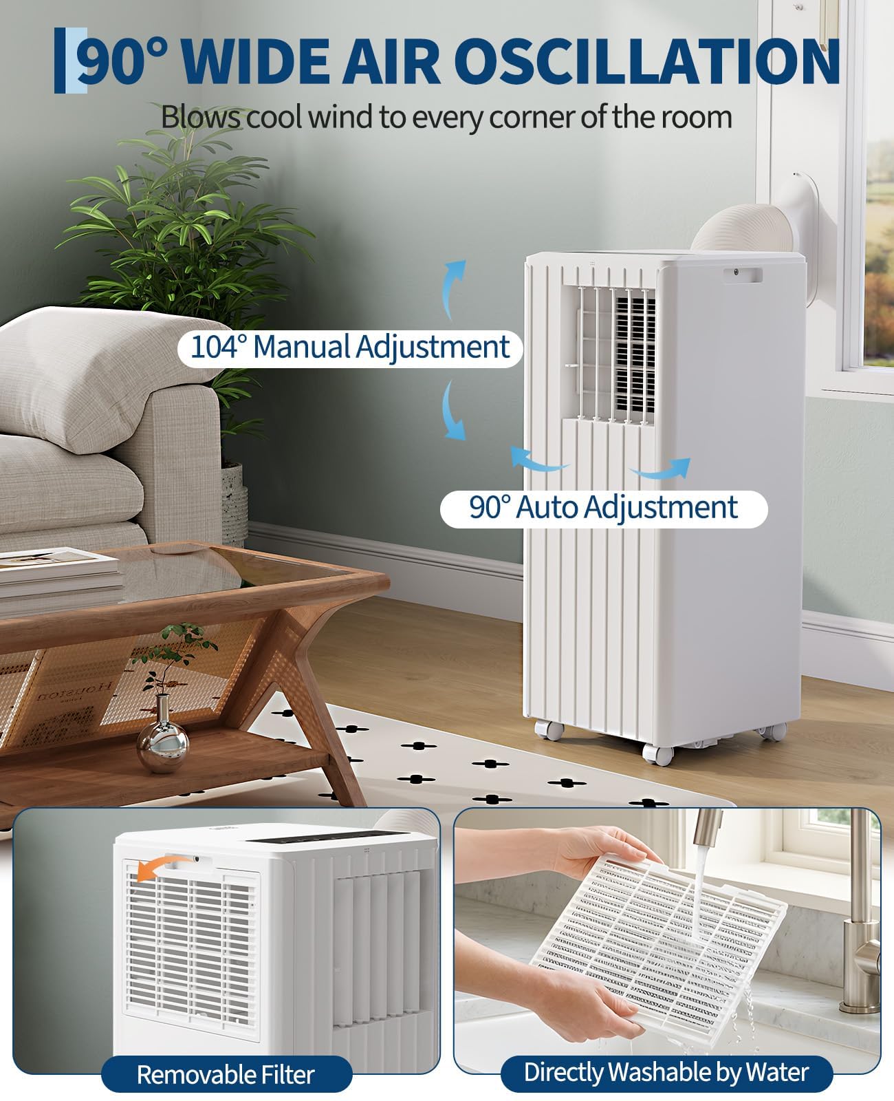8000 BTU Portable Air Conditioner, 3-in-1 Cooling, Dehumidifying & Fan for Rooms Up to 350 Sq. Ft, Quiet Sleep Mode, Energy-Saving 24-Hr Timer, AC Unit with Remote & Full Window Kit, White