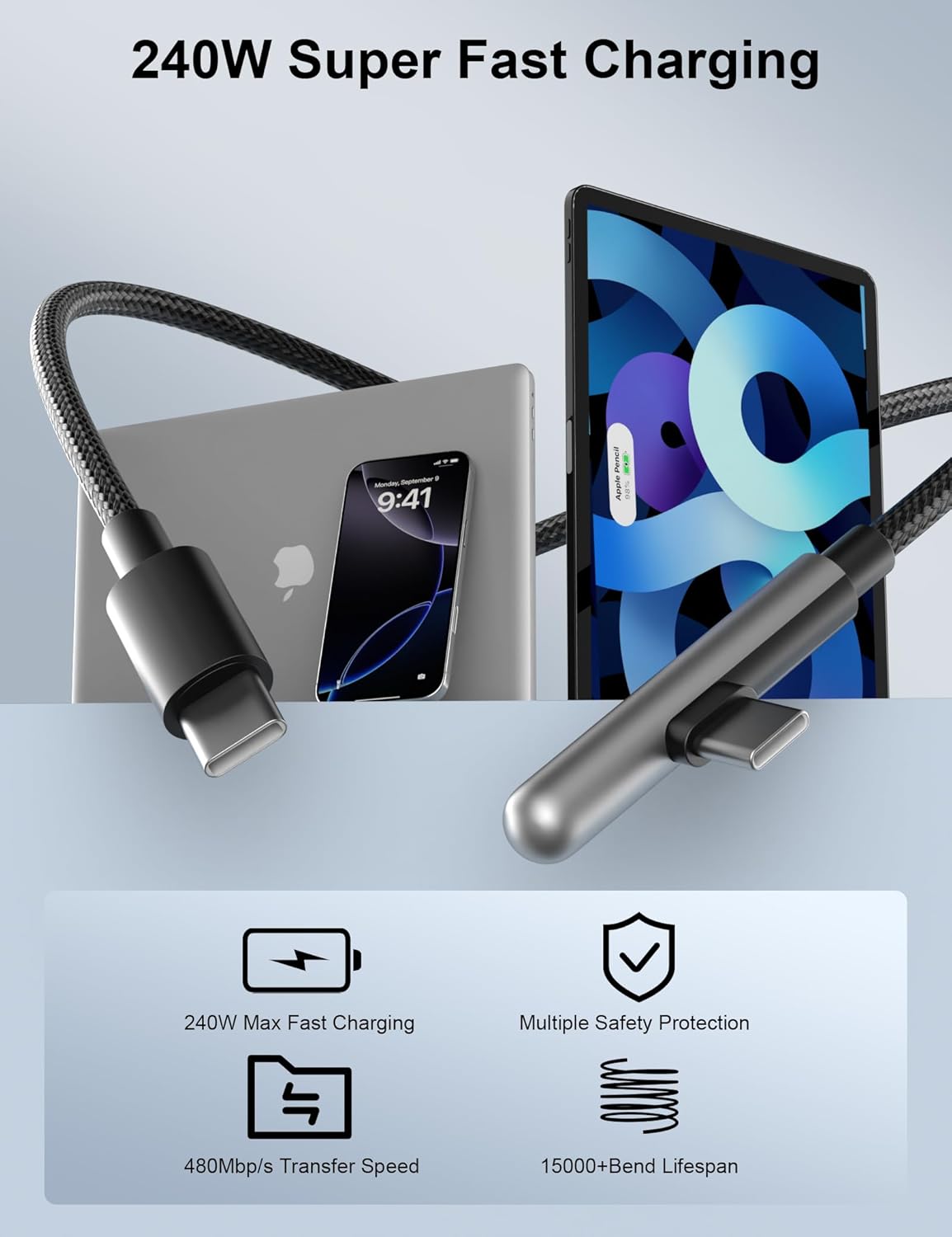 10FT 240W,Extra 10 17 16 15/iPad/MacBook S26 S25 S24 USB C Cable Fast Charging Long USB C to USB C Cable foot Type C