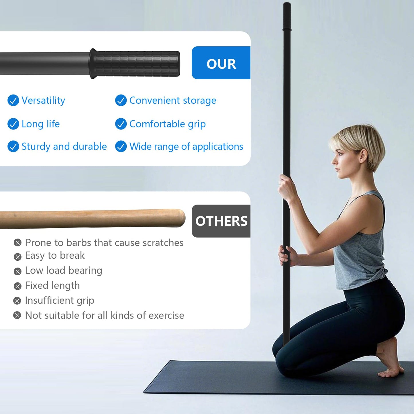 Wasoyun Yoga Stick 5ft, Adjustable Stretching Stick with 4 Steel Rods, Non-Slip Handle and Exercise Guide for Stretching and Exercise Physical Therapy, Pilates, Multi-Functional Fitness Stick.