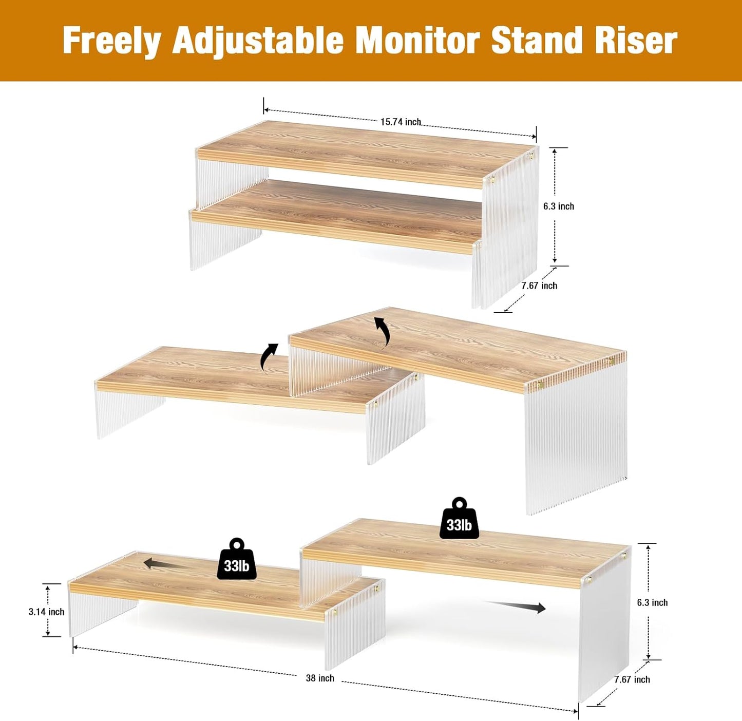 Legs15.74" Desk2-Tier PCModern Adjustable Monitor Stand Riser with Acrylic Length Dual Monitor Stand for Wood Desktop