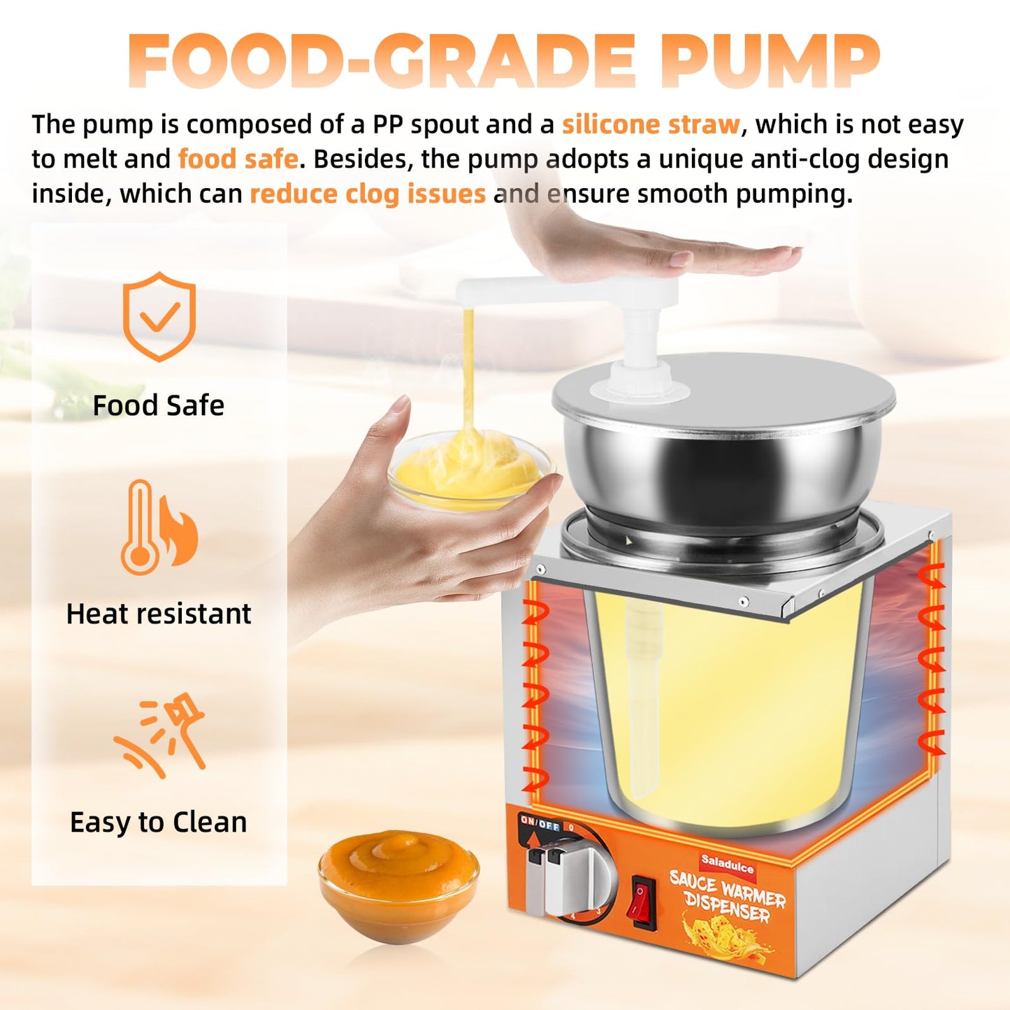Saladulce Nacho Cheese Dispenser with Pumps, Nacho Cheese Warmer Hot Fudge Dispenser Warmer 5-Level Insulated Pump Dispenser for Sauce Cheese Fudge Caramel (4.2Quarts)