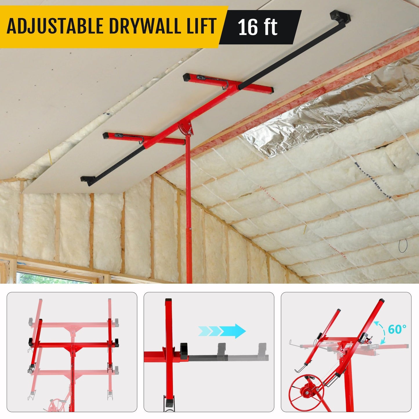 6.2FT to 16FT Adjustable Drywall Hoist – 150LB Capacity Sheetrock Lift with 360° Rotation & 60° Tilt, Heavy Duty Rolling Jack for Ceiling and Wall Installation – Ideal for Contractors
