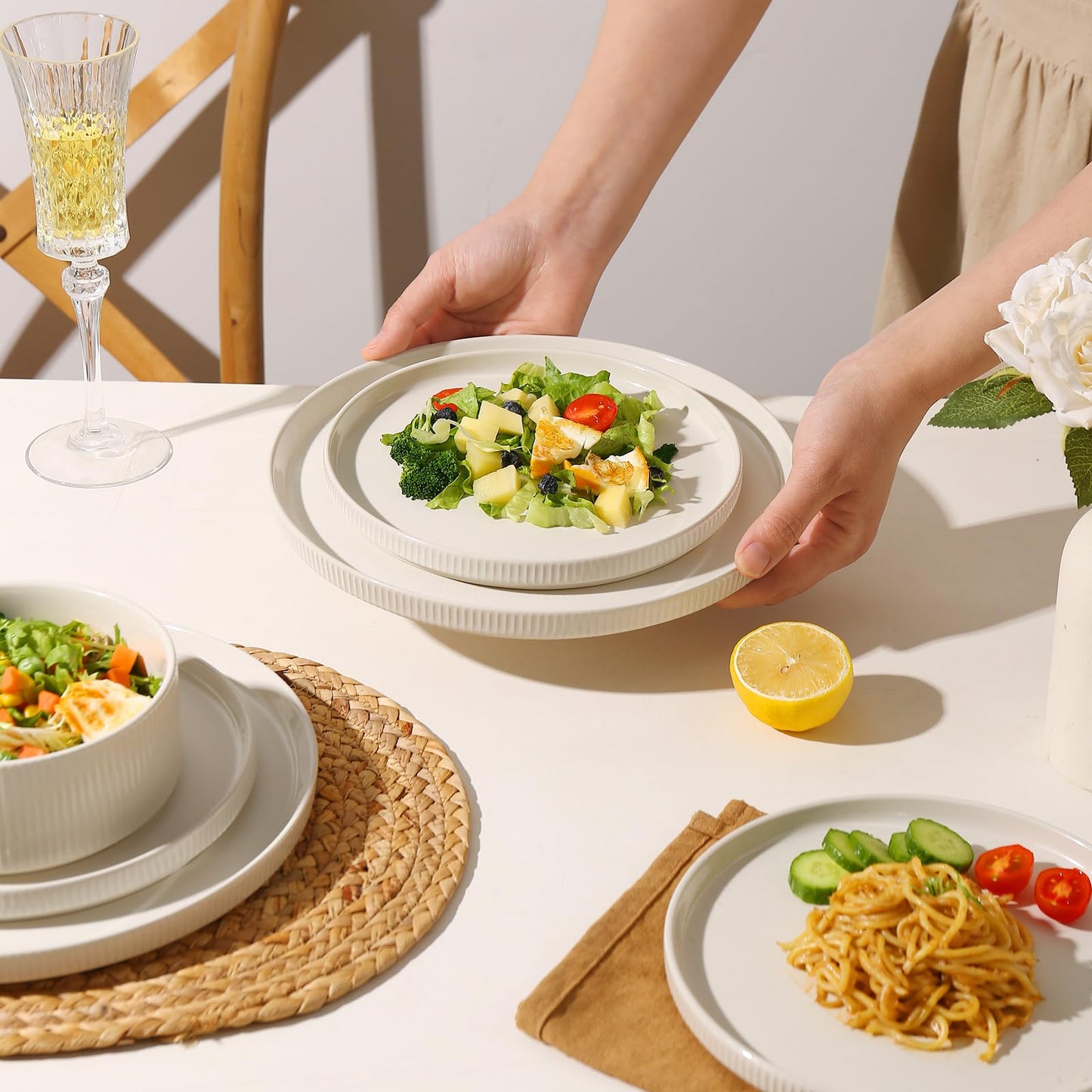 MONITO Ceramic Plates and Bowls Sets for 4, 12PCS Stoneware Dinnerware Sets, Reactive Glaze Dish Set, Chip and Scratch Resistant Double, Microwave and Dishwasher Safe,White