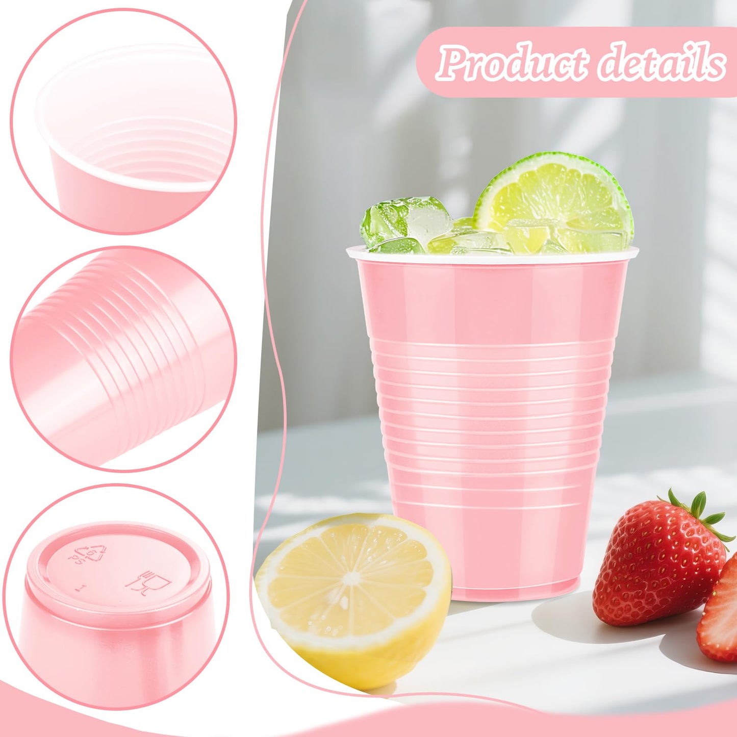 Liengoron 50 Pack Pink Plastic Cups 18 Ounce Pink Cups Plastic Disposable Cup Bulk Cup for Party Wedding Birthday