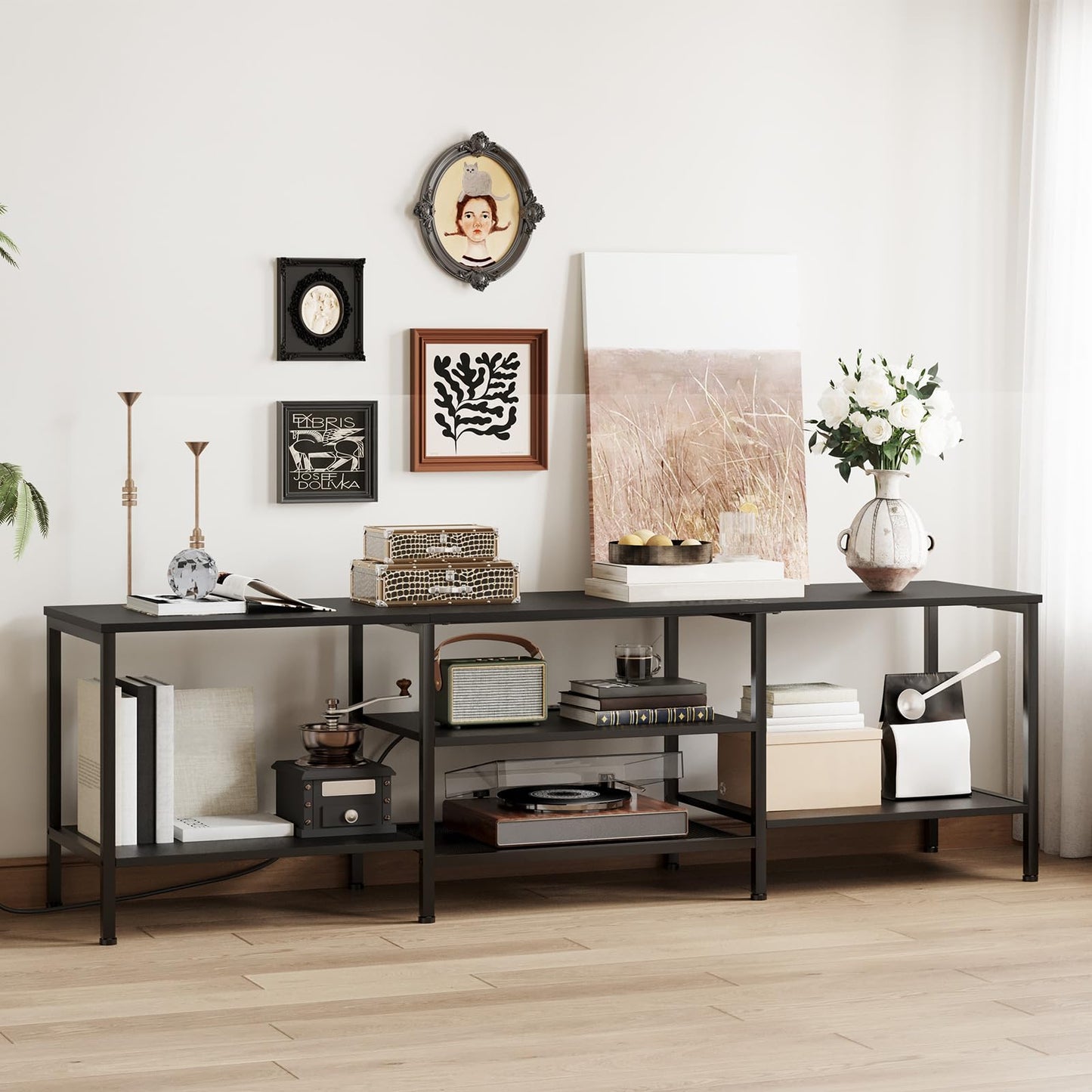 HOOBRO TV Stand with Power Outlets to 75 Inches, TV Console Table with Open Storage Shelves Cabinet, Industrial Media Entertainment Center for Living Room Bedroom, Black BB80DS01