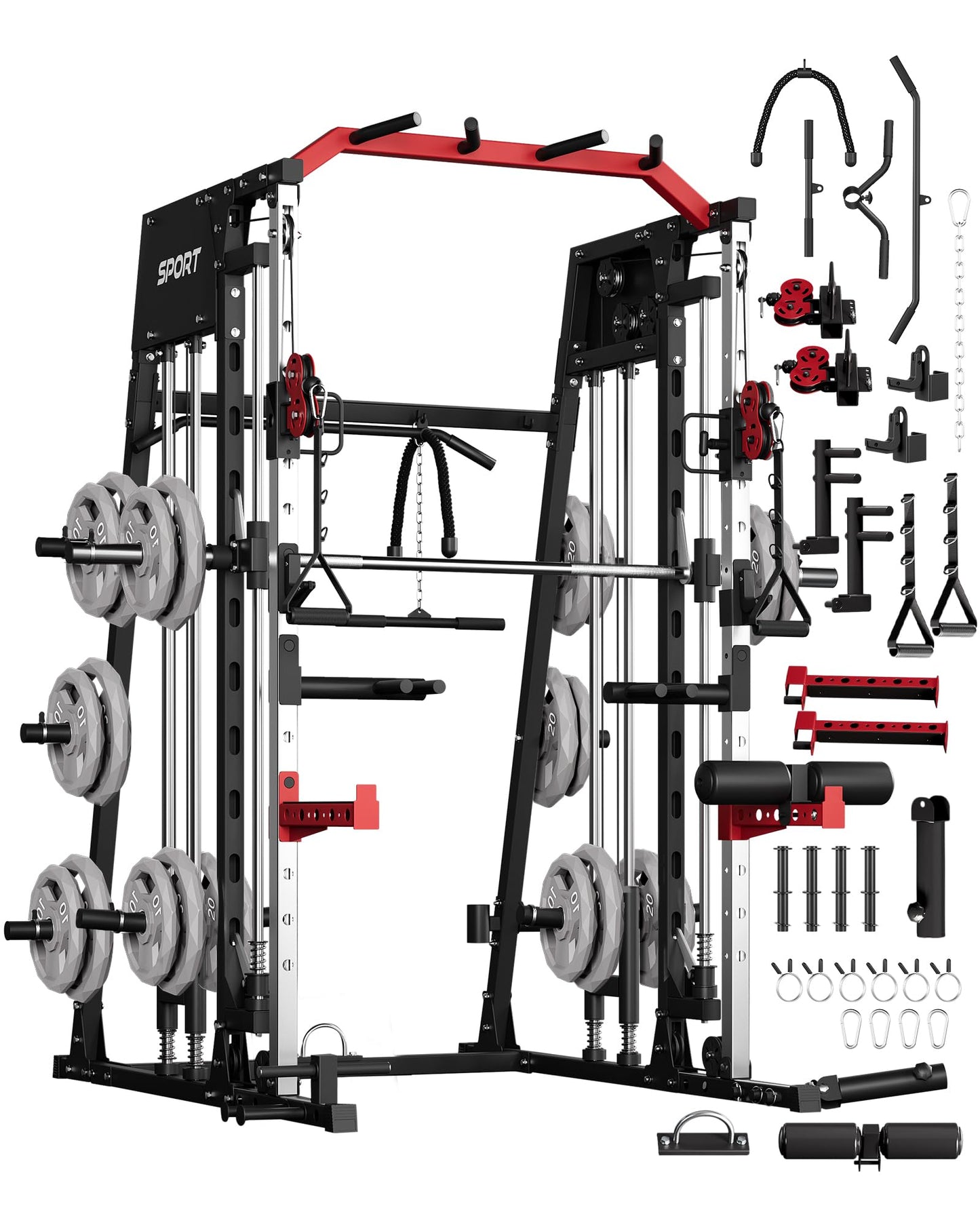 GarveeLife Smith Machine Home Gym All in One, 2200 LBS Squat Rack Power Cage with Smith Bar, LAT Pull-Down, Cable Systems, Leg Hold-Down and More Attachments, Workout Equipment (Red Black)
