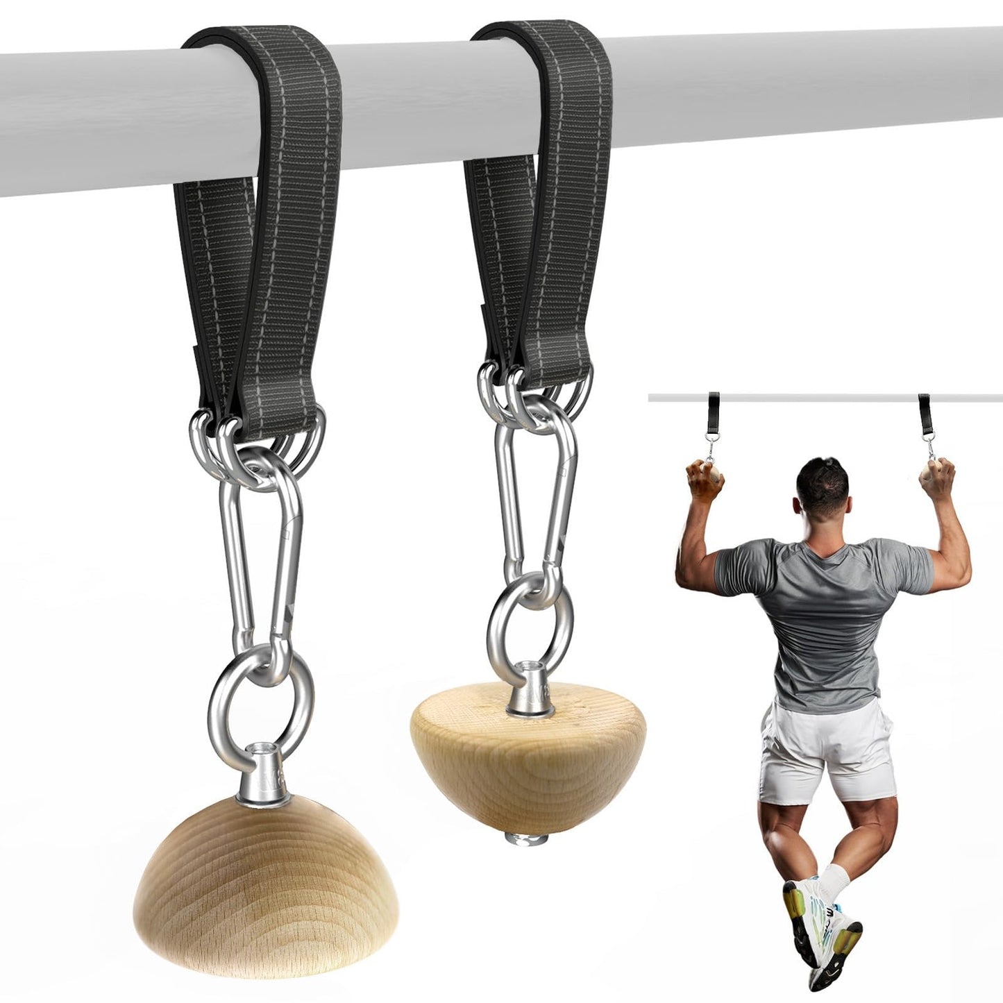 WRIST FIGHT Wooden Grip Balls for Pull-Ups – 2-in-1 Flat Top & Half-Sphere Design – Beech Wood Forearm Strength Trainer with Straps & Metal Clips – for Climbers & Athletes