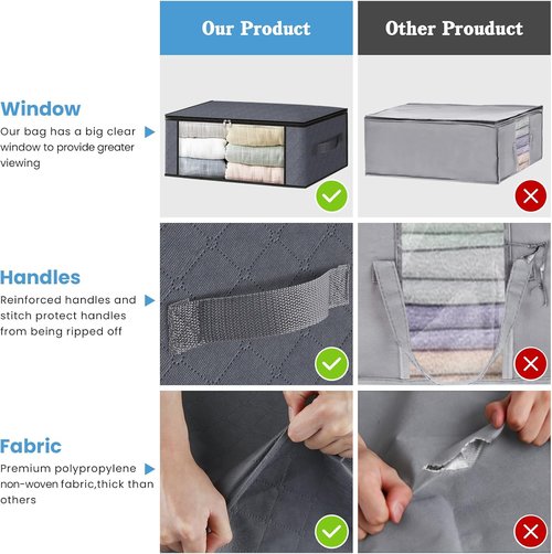 HomeHacks Clothes Organizer Storage Bags - Foldable 35L with Clear Window & Sturdy Handles | Gray
