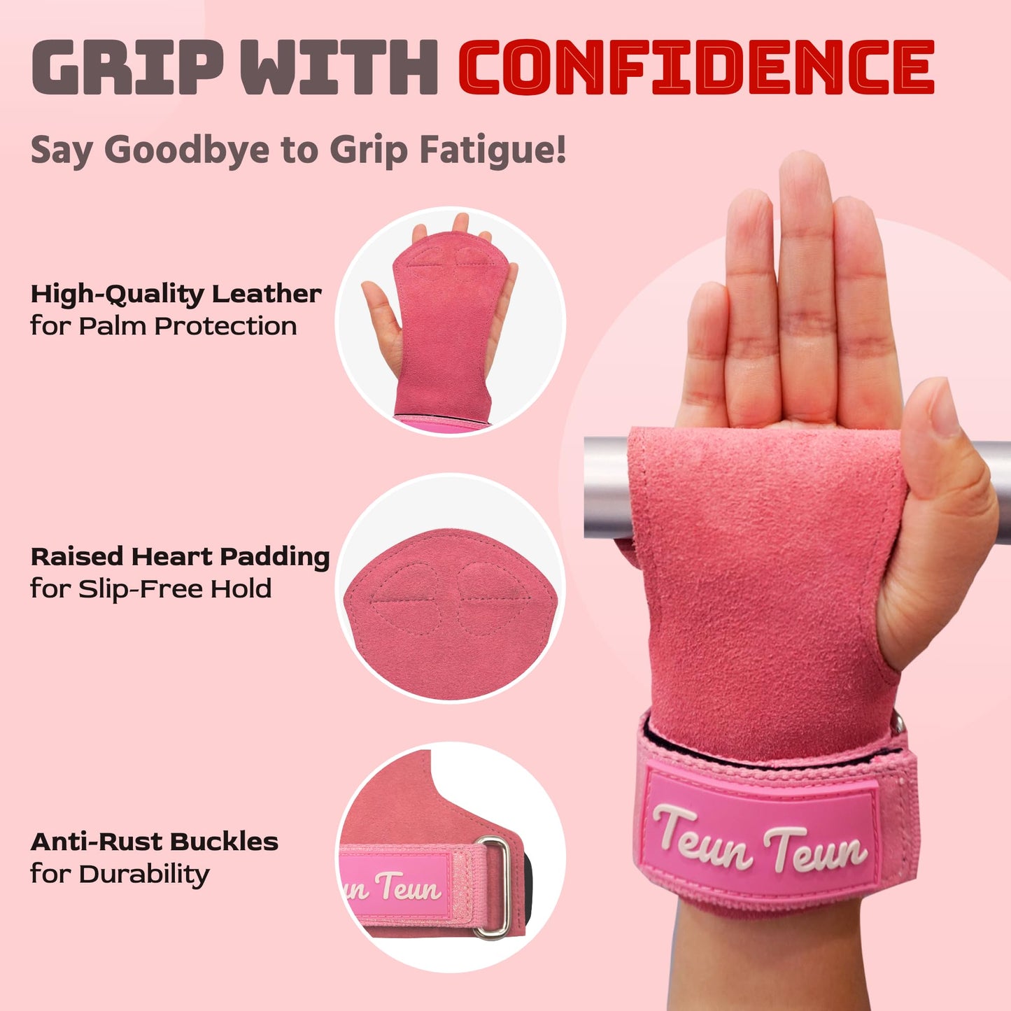Teun Teun Glitter Wrist Straps for Weightlifting Pink Leather Gym Lifting Straps for Deadlifts, Weight Grips with Neoprene Padded Wrist Wraps Support