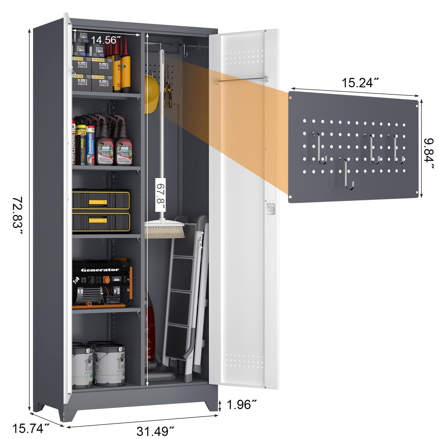 GREATMEET Metal Garage Storage Cabinet, 73" H Broom Closet Storage Cabinet, Locking Utility Cabinet with Doors and Shelves for Garage, Home, Grey White