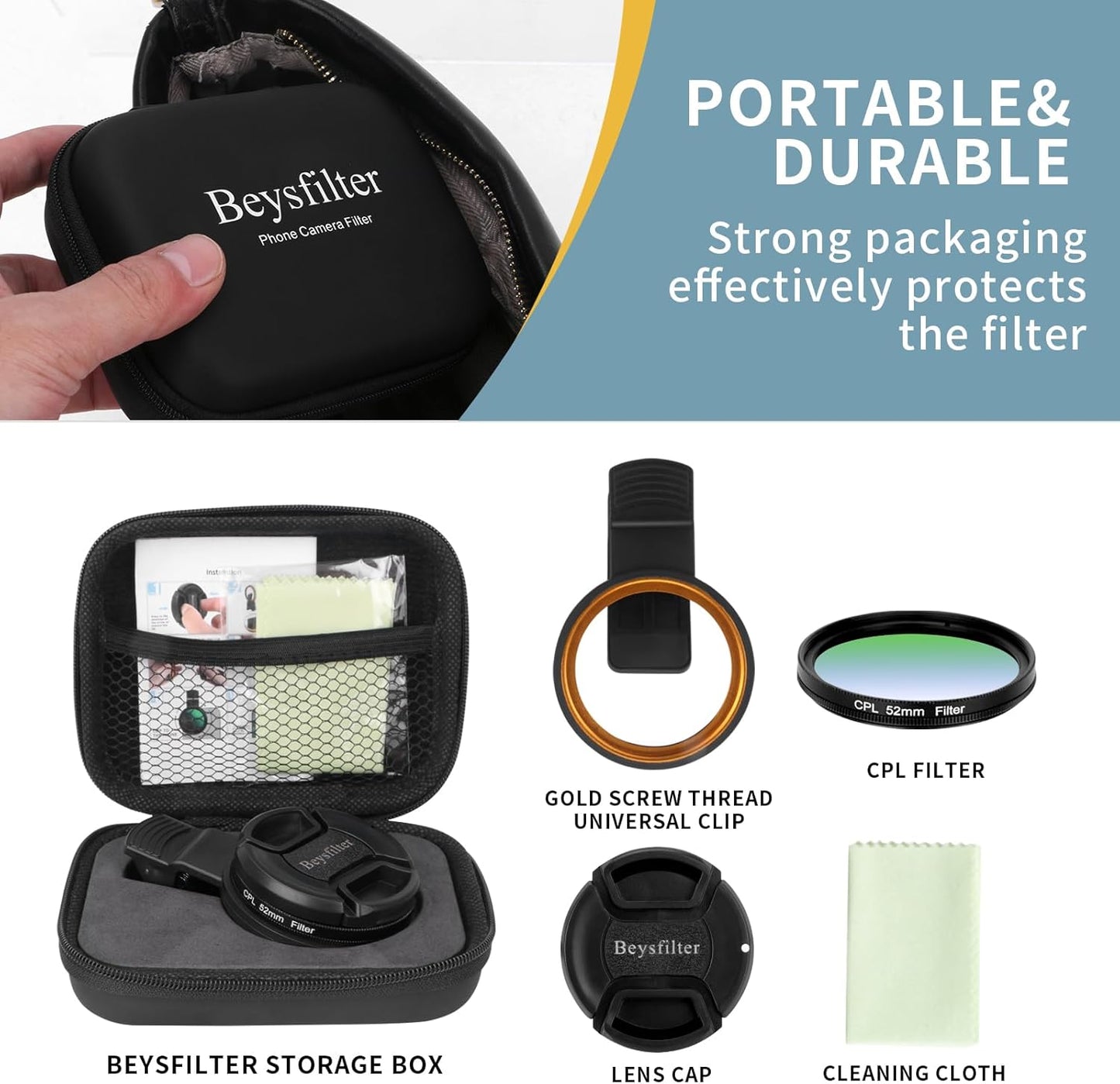 Beysfilter 52MM 16 15 14, CPL Filter for Phone, Clip-on Circular Polarizing Lens, HD Multi-Coated Optical Glass, Camera
