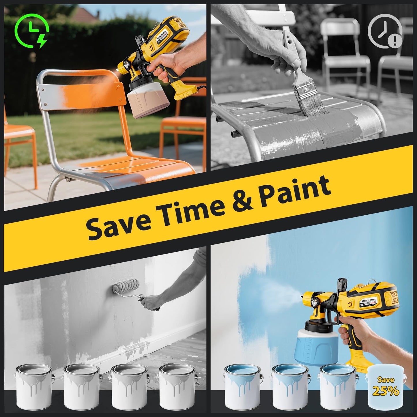 Paint Sprayer for House Painting, Paint Sprayer with Easy to Clean Design, 1400ml (47oz) Container, 6 Brass Nozzles & LED Light, 3 Spray Patterns for House, Fence, Furniture, DIY, Garden, Walls
