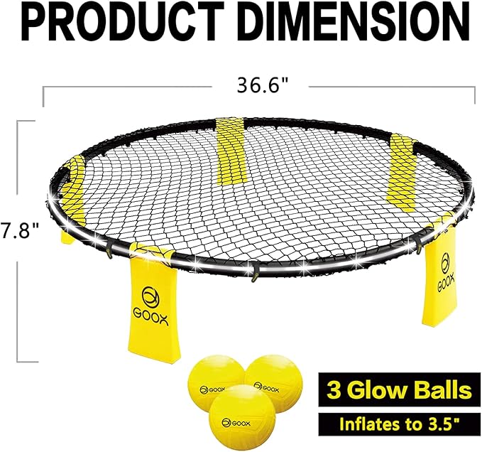 GOOX Outdoor Beach Ball Games with Carrying Bag, 3 Balls, Net and Strip Light (ONLY for Light Up Set)- Roundnet Game Set for Family - Played Outdoors, Indoors, Beach, Lawn, Yard and Park