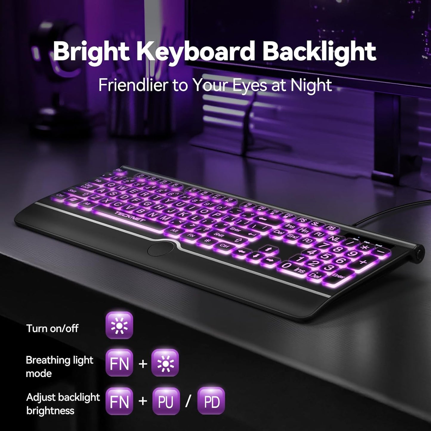 TECKNET 7-Color Large Print Backlit Keyboard, Wired USB-A Computer Keyboard with Wrist Rest, Backlit, Oversized Letter