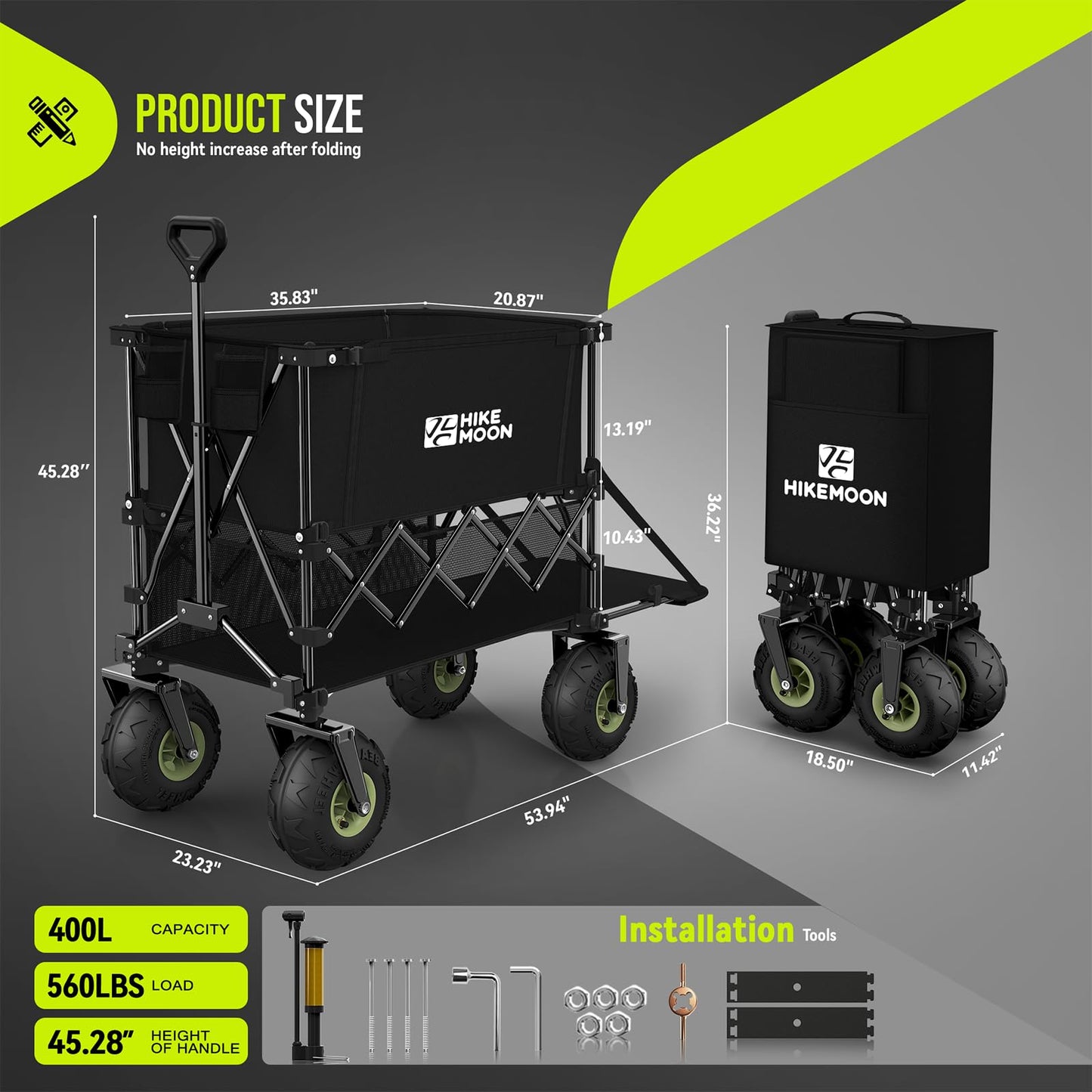 Hikemoon Double Decker Beach Wagon with 10" Big Balloon Wheels for Sand, 54'' Extra Long 560LBS Heavy Duty Wagons Carts Foldable, 400L Large All-Terrain Collapsible Folding Cart for Outdoors, Black