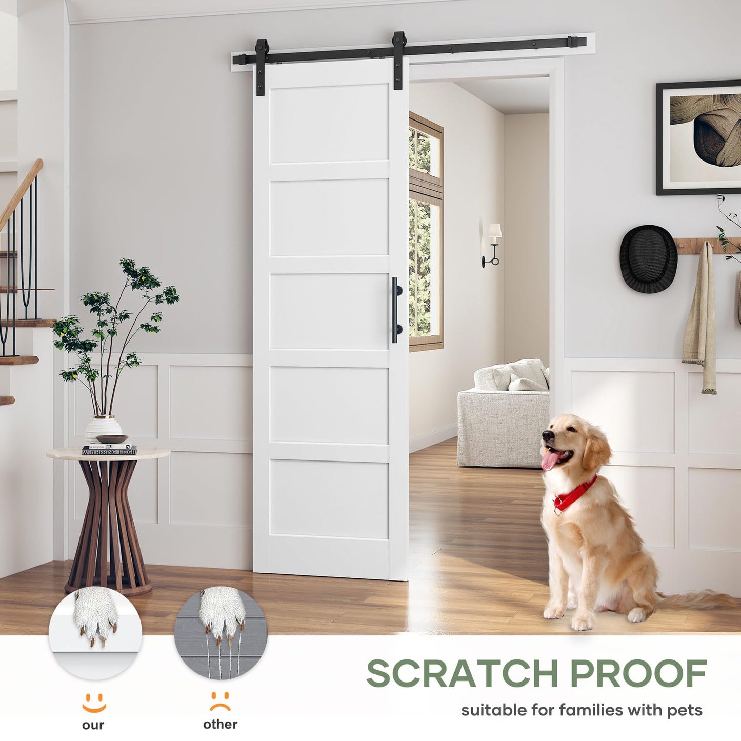 ROYMELO 32x96 Inch White Sliding Barn Door Slab with 5.5ft Hardware Kit Included, 5-Panel, MDF Wood Panel Covered with Water-Proof Scratch-Proof PVC Surface, Simple DIY Assembly