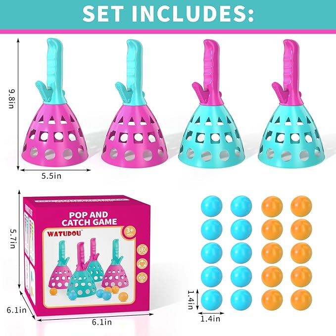 Pop Pass Catch Ball Game Set – 4 Launchers, 20 Balls, Toss and Catch Outdoor Toys for Kids Ages 3-8, Indoor Yard Beach Pool Game, Party Favor for Kids Adults