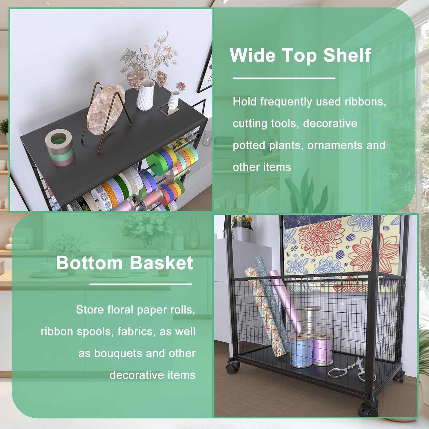 Skiennix 16-Tier Ribbon Organizer Rack - Double-Sided Storage Holder with Wheels for Craft Room