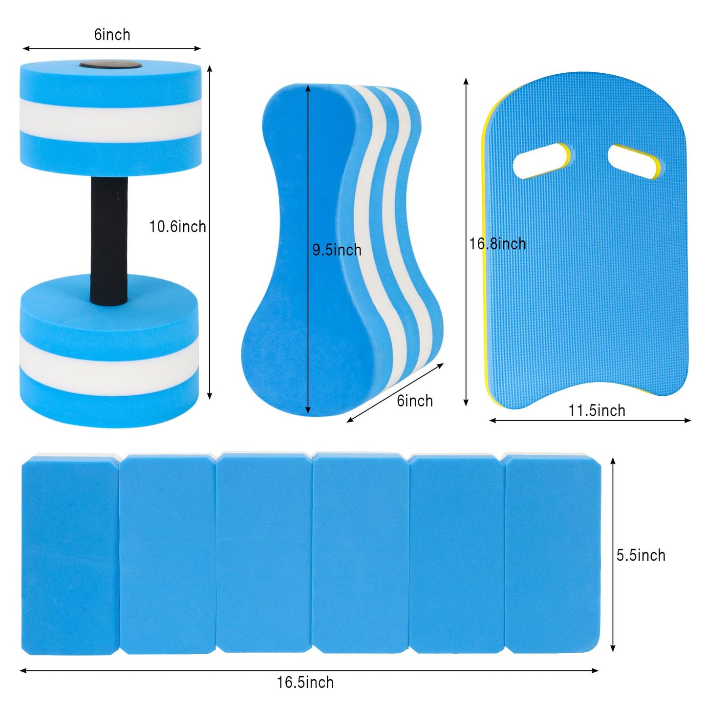 NEAGLORY 5 Pieces Water Aerobics Set Aquatic Exercise Set Pool Fitness Equipment with Foam Dumbbell, Swim Kickboard, Pull Buoy, Aquatic Swim Belt for Water Workout, Blue
