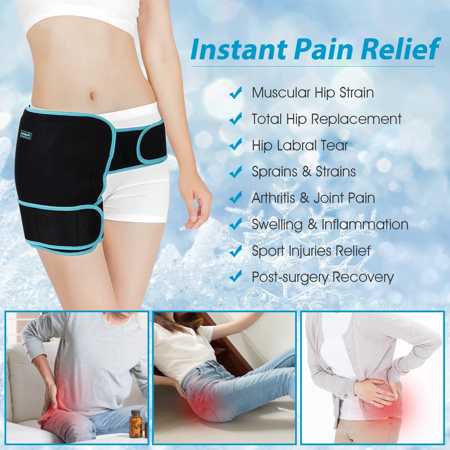 Hip Ice Pack Wrap for Injuries Reusable, Hip Brace with Hot Cold Pack for Women Men, Hip Gel Kit for Pain Relief Sciatica Nerve,Piriformis Stretcher, Hip Flexor Strain, Groin Pull, SI Joint, Hamstring