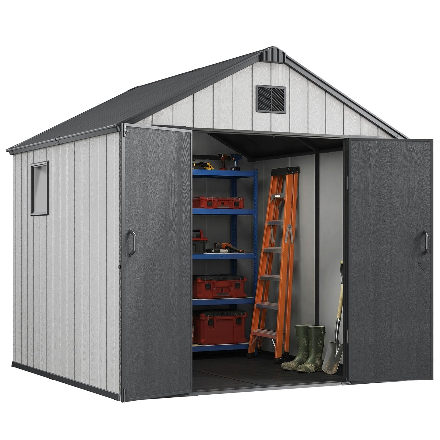 Jocoevol Outdoor Storage Shed, 8x8FT Resin Shed with Floor/Windows/Lockable Door/Vents, 15mm Thickened Heavy Duty All-Weather Garden Tool Shed for Backyard, Patio, Lawn, Gray