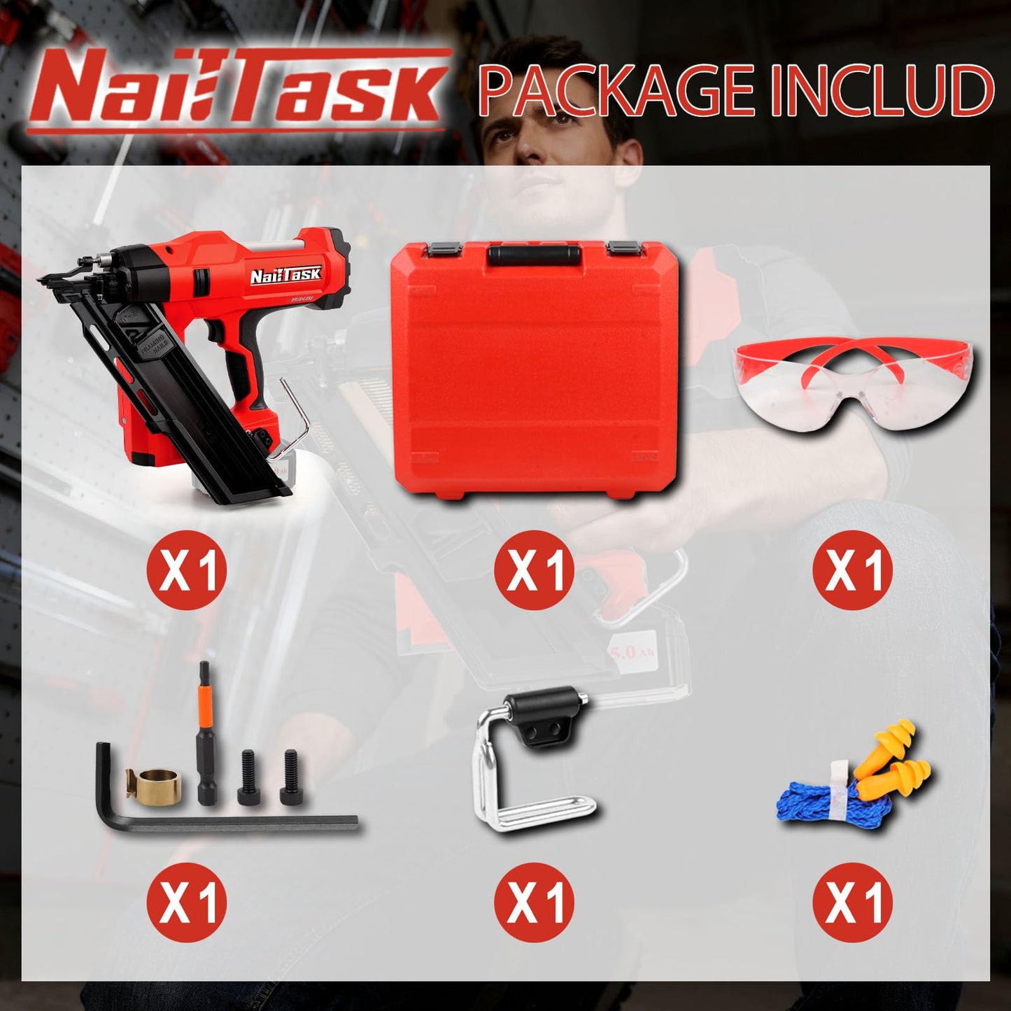 Nailtask 34° Electric Cordless Framing Nail Gun Dual Mode 3 1/2 Inch Pin Nailer Cordless Metal Roofing Set for Construction Furniture Wood Depth Adjust Brushless Motor Power Tools (Without Battery)