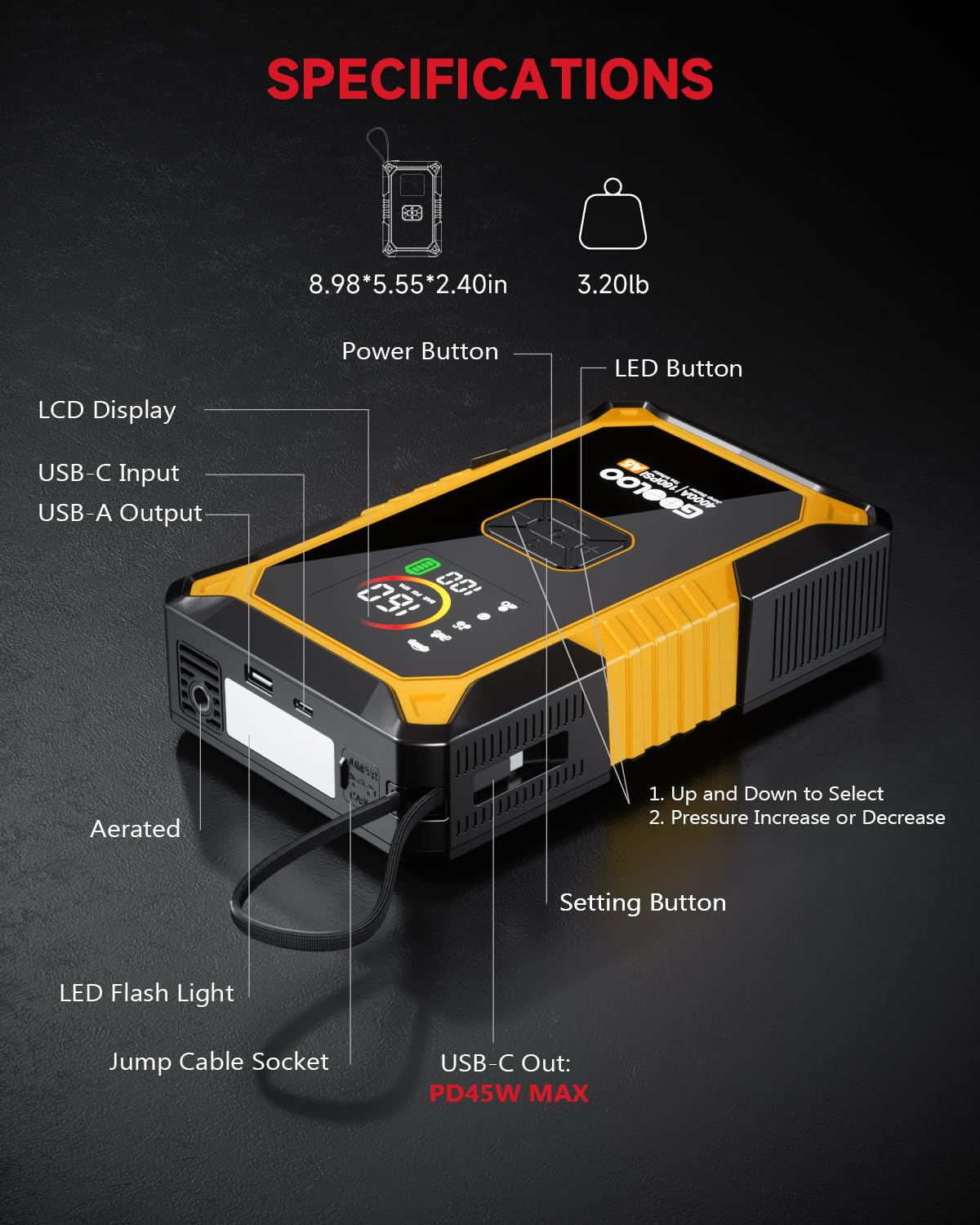 GOOLOO A5 Car Jump Starter with Air Compressor, 4000A Portable Car Jump Starter (All Gas/10.0L Diesel) with 160PSI Auto-Off Tire Inflator, 45W PD Fast Charging,12V Battery Jumper Starter Portable